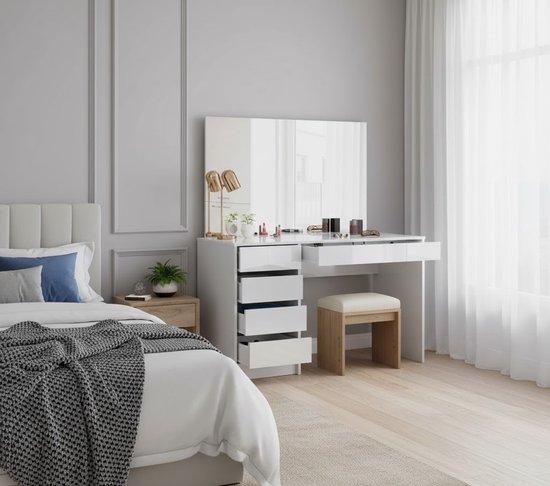 Kaptafel in wit – met spiegel en opbergvakken – hout – 85×140 cm – | Gecontroleerde
