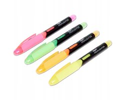 foto van 4X Highlighters Met vloeibare inkt | (bij action €0,78). Geel | Paars | Oranje | Goen | Neon Highlighters | Markeerstiften met Vloeibare Inkt – Set van 4 Stuks – Neonkleuren