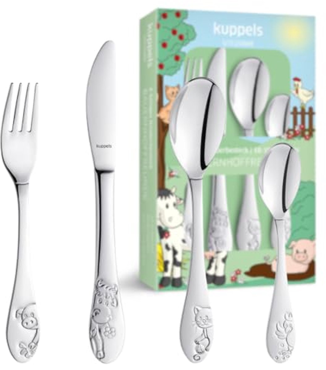 Image of 4-delig Kinderbestekset voor Jongens en Meisjes | Roestvrij Staal | Eetbestek met Dierenmotieven | Geschikt voor Kinderen vanaf 3 jaar