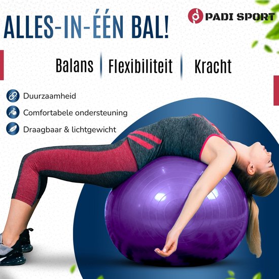 Padisport - fitnessbal 75 cm - zitbal 75 cm - zwangerschapsbal - fysio bal - oefenbal - yoga bal inclusief pomp - fitnessbal - pilates bal - yoga bal paars - yoga bal 75 cm - yoga bal - fitness - paars van Padisport — afbeelding 2