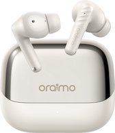 Witte oraimo SpaceBuds Neo+ oordopjes in een witte oplaadcase met glanzend zilveren deksel.