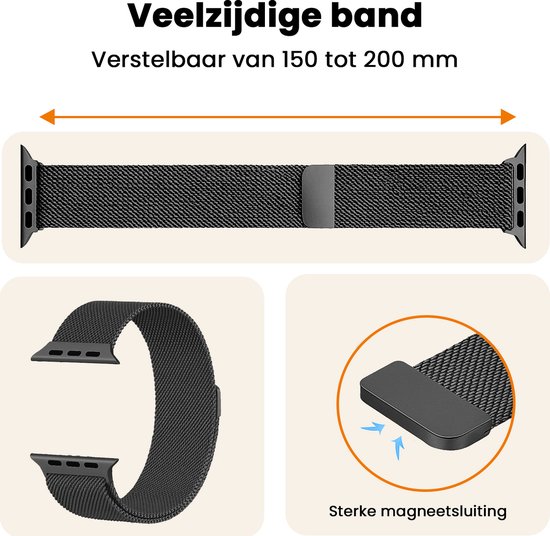 Zwart Milanese horlogebandje, verstelbaar van 150 tot 200 mm, met sterke magnetische sluiting.