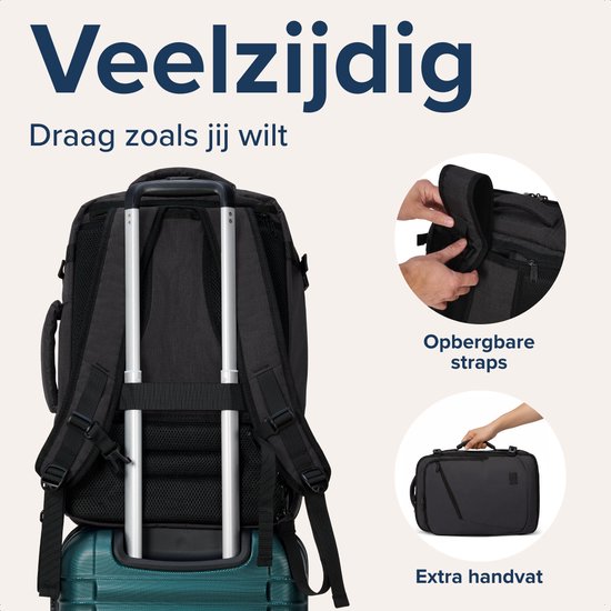 Zwarte TRVLMORE rugzak met opbergbare straps en extra handvat.