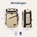 Afmetingen van de beige rugzak: 39cm hoog, 29cm breed, 13-19cm diep. 25L, 990g.