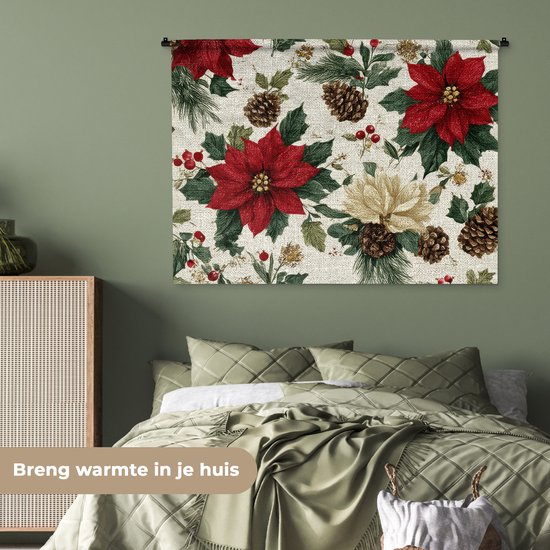 Wandkleed 120x90 cm - Wanddoek Feestelijk - Textielpatroon - Kerstbloemen - Kleurrijk - Wandtapijt - Wandkleden