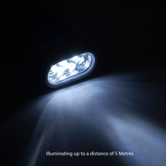Felt op 3 LED's die verlichting bieden tot 5 meter afstand.
