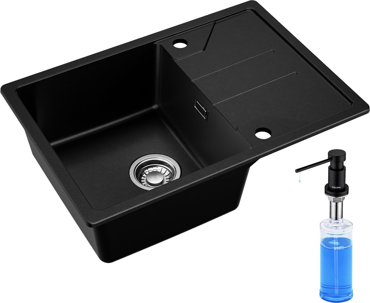 DERW MAX Granieten Spoelbak 65x45CM - Spoelbakken Keuken Met Zeepdispenser 300ML - Spoelbakken Met Planchet en Waterafvoersysteem - Opbouw Spoelbak - Antraciet