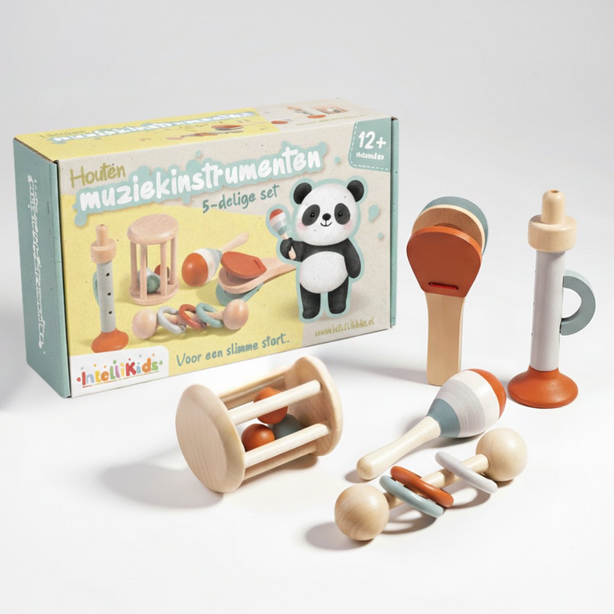 IntelliKids – Houten Muziekinstrumenten Set voor Kinderen | 5-delige Montessori Muziekset | Educatief Houten Speelgoed | Muziekspeelgoed Peuters & Kleuters