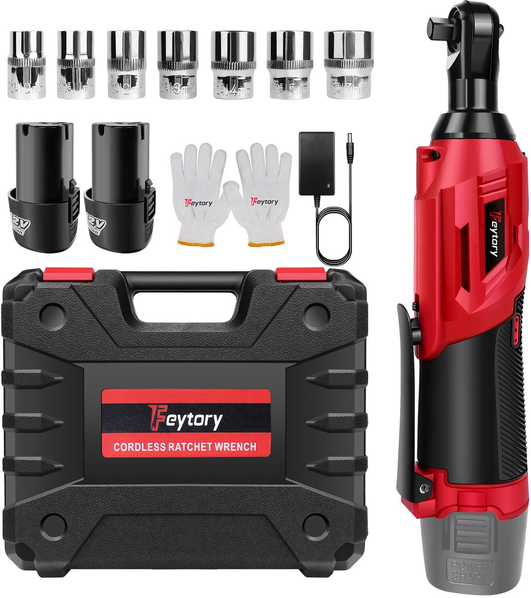 Aiverig® Accu Ratelsleutel 10-17 mm – Elektrische Accu Ratel & Hoekratel 90° – Rood – Incl. 2× 1500 mAh Accu's + Snellader, 7-Delige Doppenset & Gereedschapskist – LED Werklicht – 12V & 2300 RPM