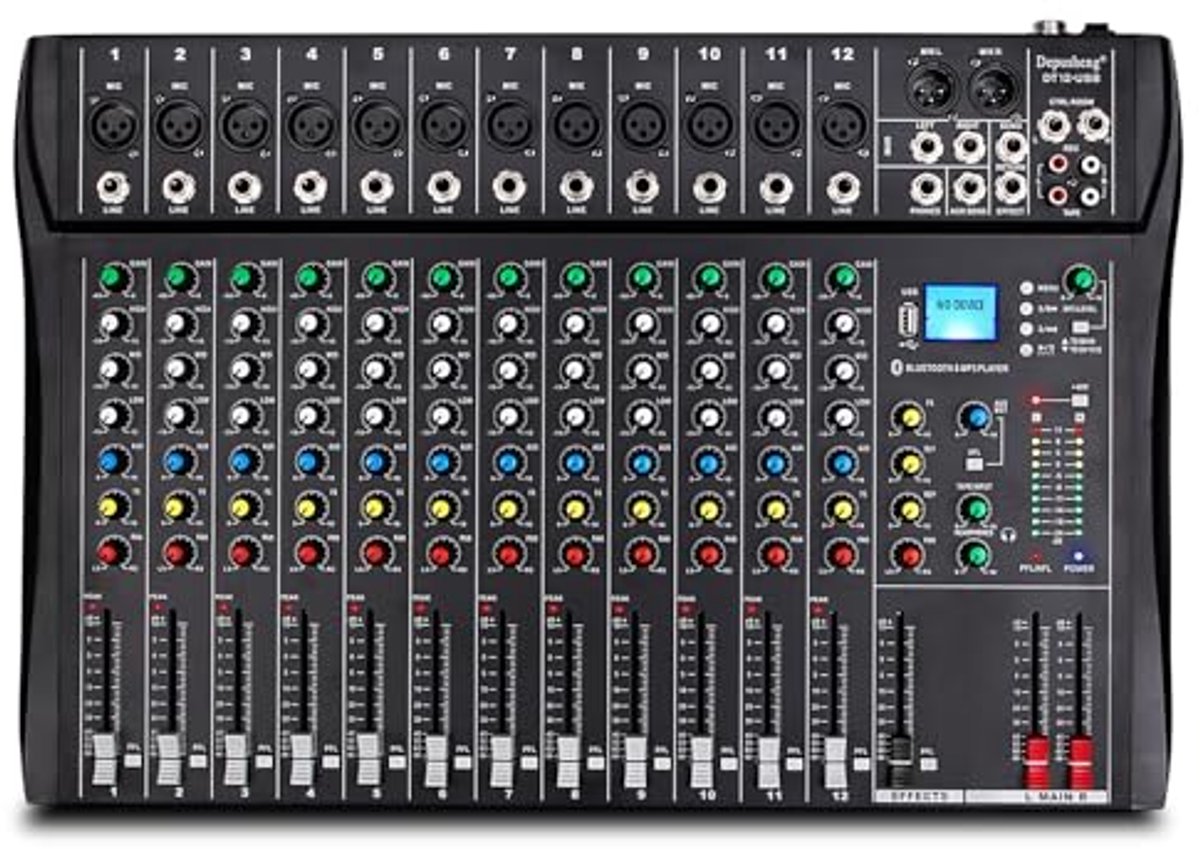 12-kanaals DJ-audiomixer met USB-interface en XLR-aansluiting