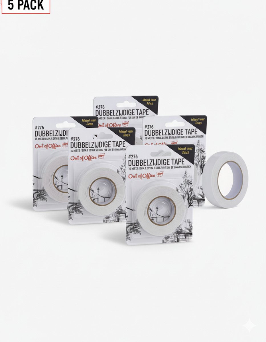 Dubbelzijdige Tape – 5-Pack (5 Rollen van 16 Meter) – Sterke Montage- en Kantoor Tape – Out of Office – Geschikt voor Papier, Karton & Decoratie