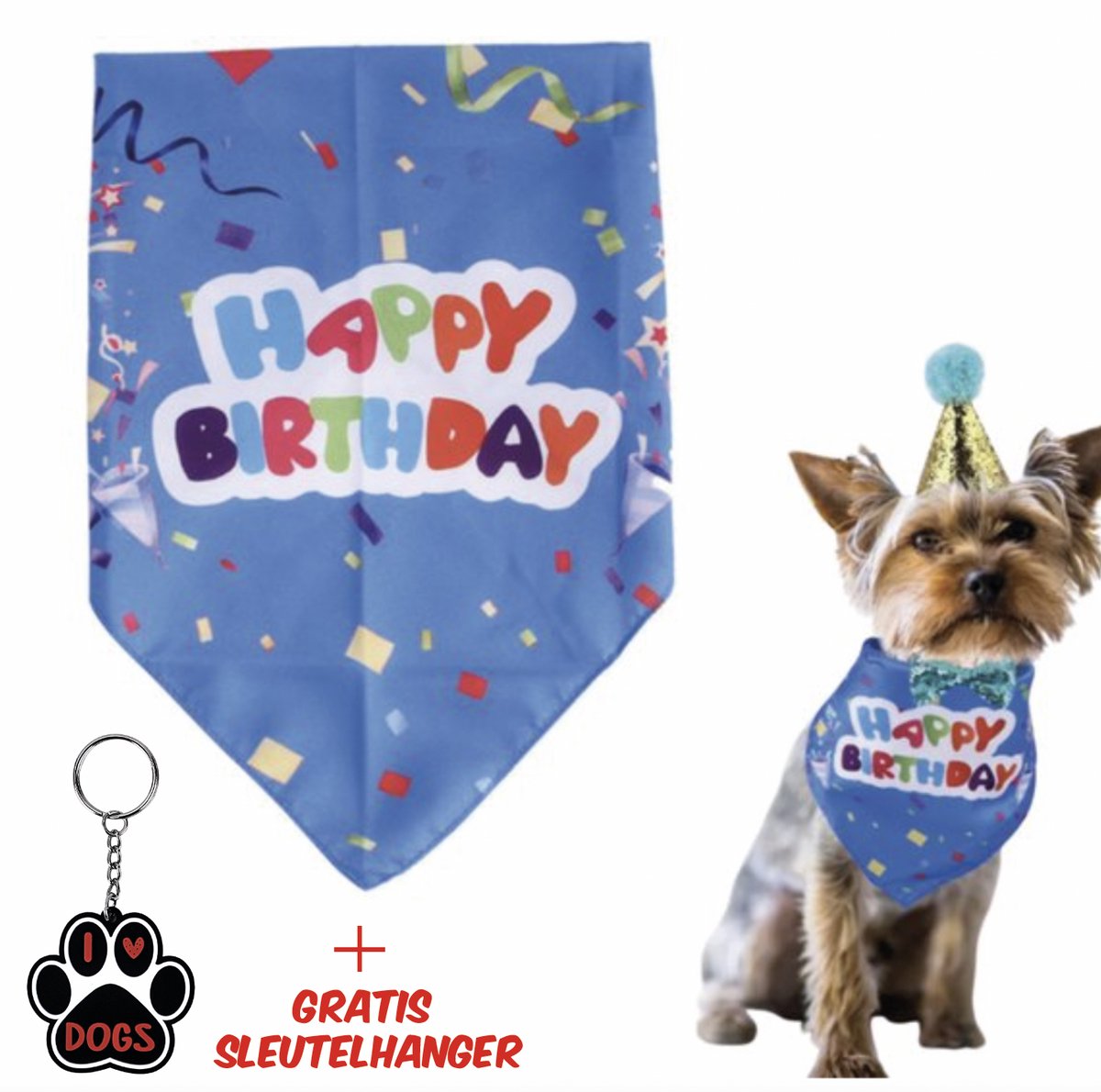 SilverAndCoco® - Hond Verjaardag Versiering Sjaal | Blauw Sjaaltje Hondje | Verjaardag Decoratie Pakket Bandana Honden | Party Feest Set Huisdier Cadeau | Met Gratis I Love Dogs Sleutelhanger - Happy Birthday