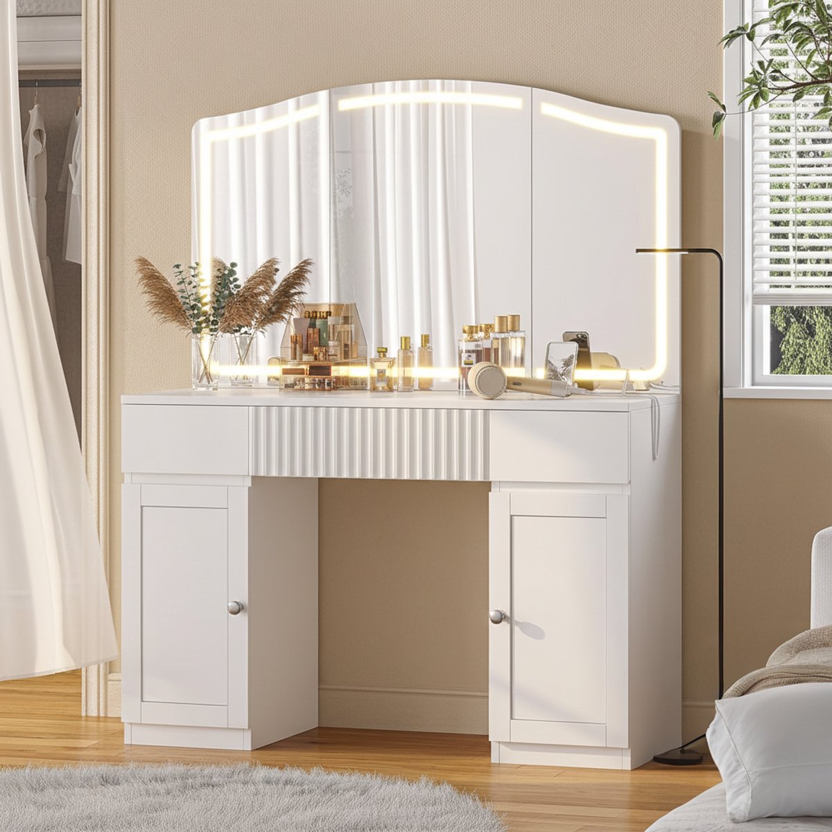 Luxe kaptafel met grote spiegel, verstelbare 3-kleurige LED-verlichting, stopcontacten en USB-poorten, 3 lades + 2 kasten - Moderne kaptafel voor slaapkamer & HomeByNicole
