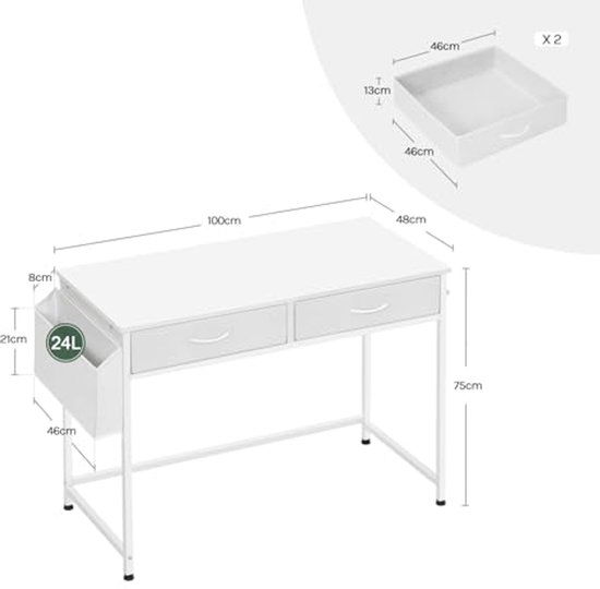 CubiCubi Bureau met 2 laden, 100 x 48 cm, gamingbureau, omkeerbaar, met