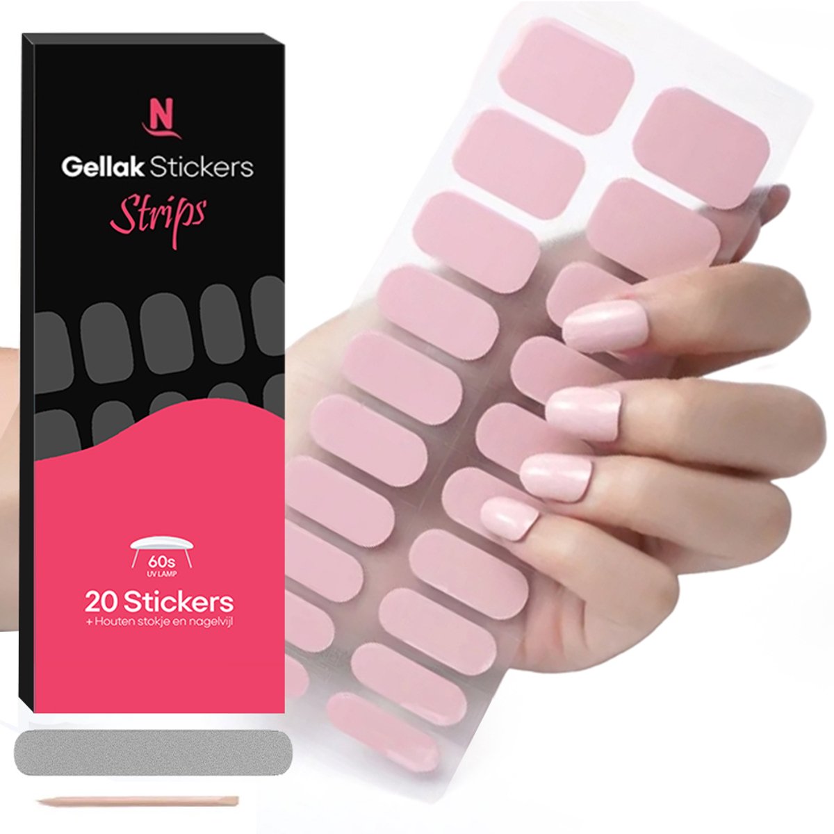 Nagelstad® Gellak Stickers - Gel Strips / Wrap Set - 20 Stuks + Houtje & Nagelvijl - Soft Pink