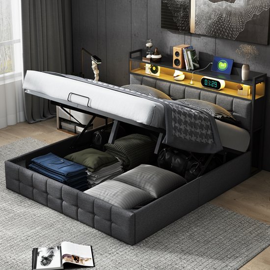 Lits doubles rembourré 160x200 cm, adapté pour 2-3 personnes, avec connexion USB et compartiment de rangement ouvert, éclairage LED intelligent dans plus de 6000 couleurs, tiges hydrauliques, cadre en métal, motif quadrillé, lit adulte, gris