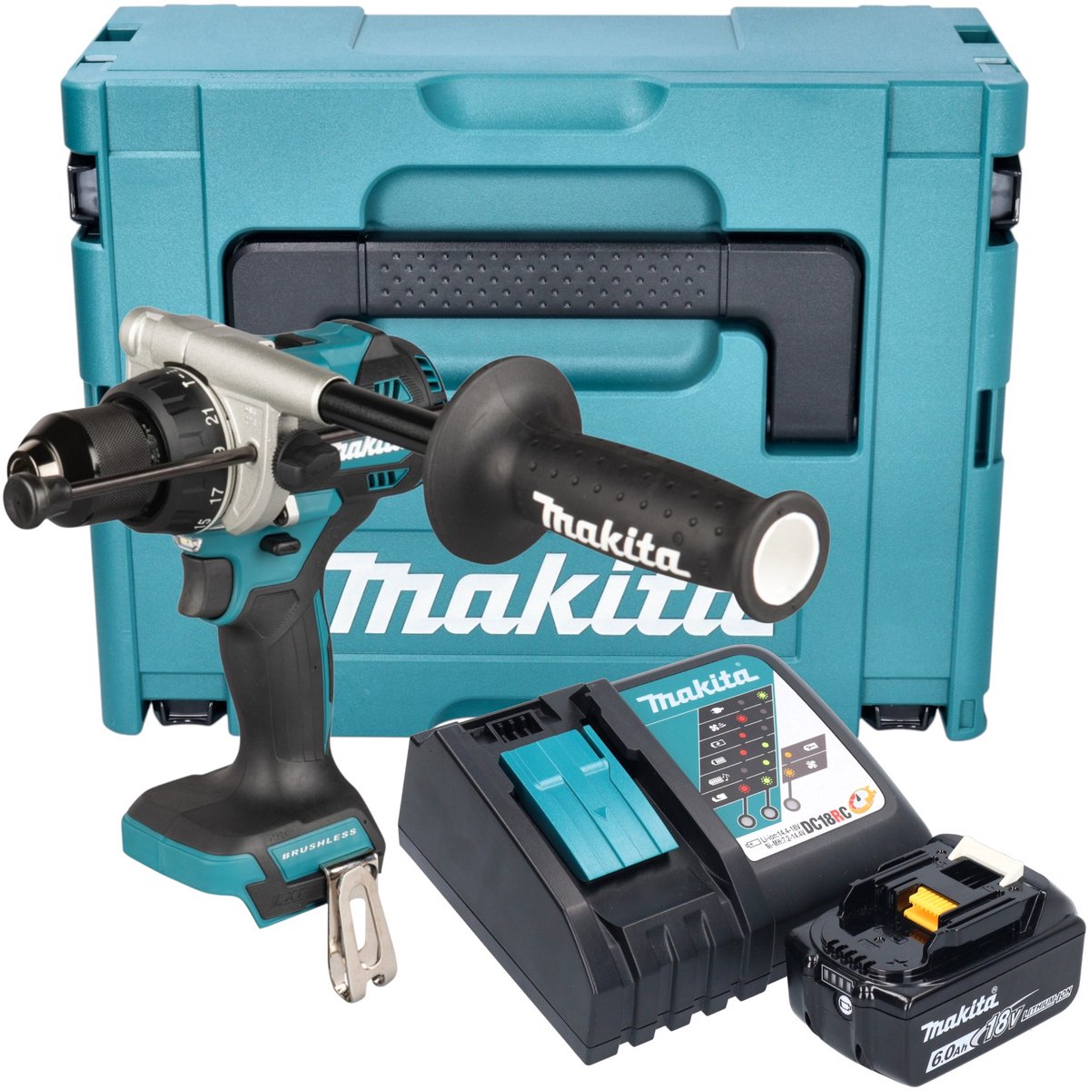 Makita DHP 492 RG1J accu-klopboormachine 18 V 141 Nm borstelloos + 1x accu 6,0 Ah + oplader + Makpac