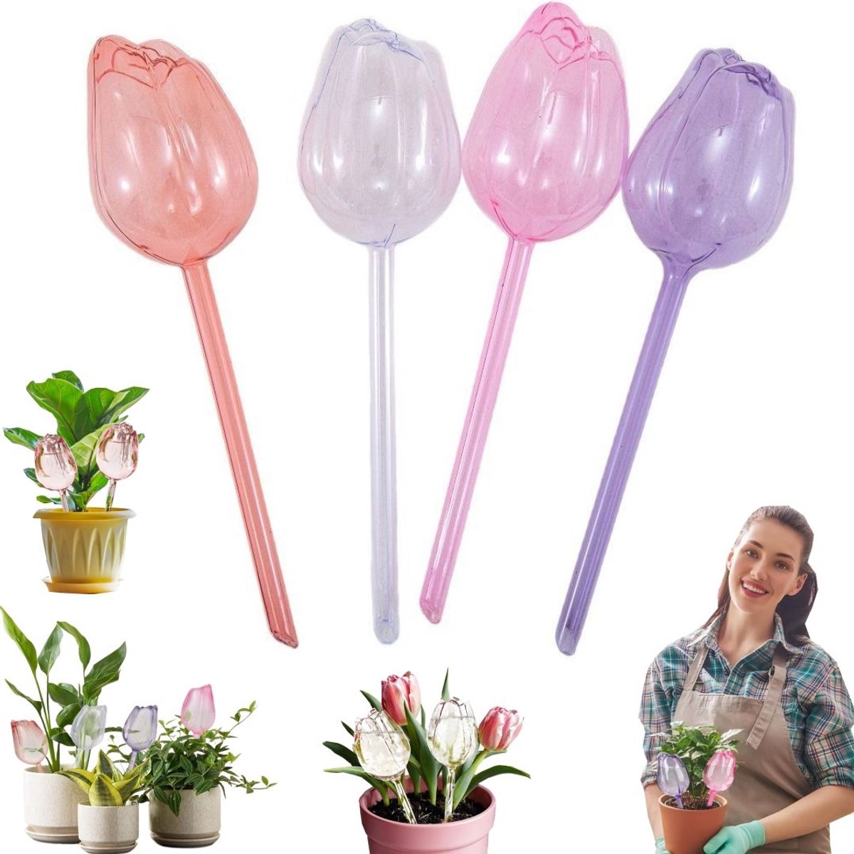 4 stuks druppelirrigatieapparaten - plantenwaterbollen - automatisch druppelirrigatiesysteem - plantenwaterapparaat - tuinplantendecoratie - Voor het bewateren van hangplanten, kamerplanten en groentebakken (24*4,5 cm - Diverse kleuren)