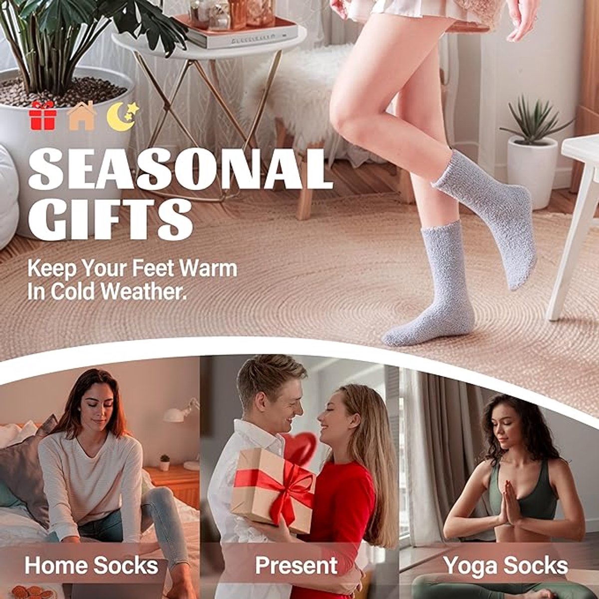 PACKOVE 3 Paar Coral fleece slaapsokken pantoffelsokken voor dames vage