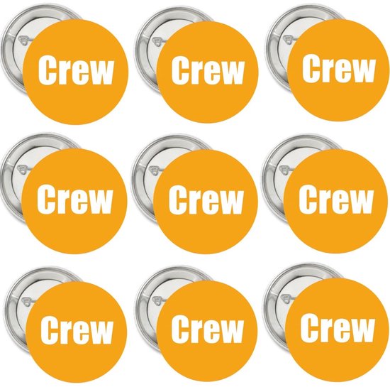 Negen oranje buttons met witte tekst 'Crew'.