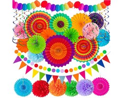longziming Feestdecoratie Set 33-delig – Papier Waaiers, Pompons, Vlaggenlijn - Slinger Verjaardag - Feest Versiering – Voor Tuinfeest, Verjaardag en Carnaval