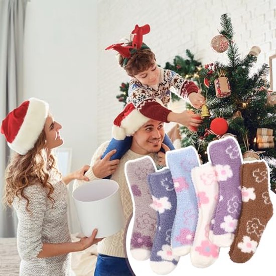 colornival Pluizige sokken, kerstsokken, gezellige pantoffelsokken, thermische bedsokken, schattige warme comfortabele winterslaapsokken, multipack, donzige fleece sokken voor vrouwen, dames, meisjes