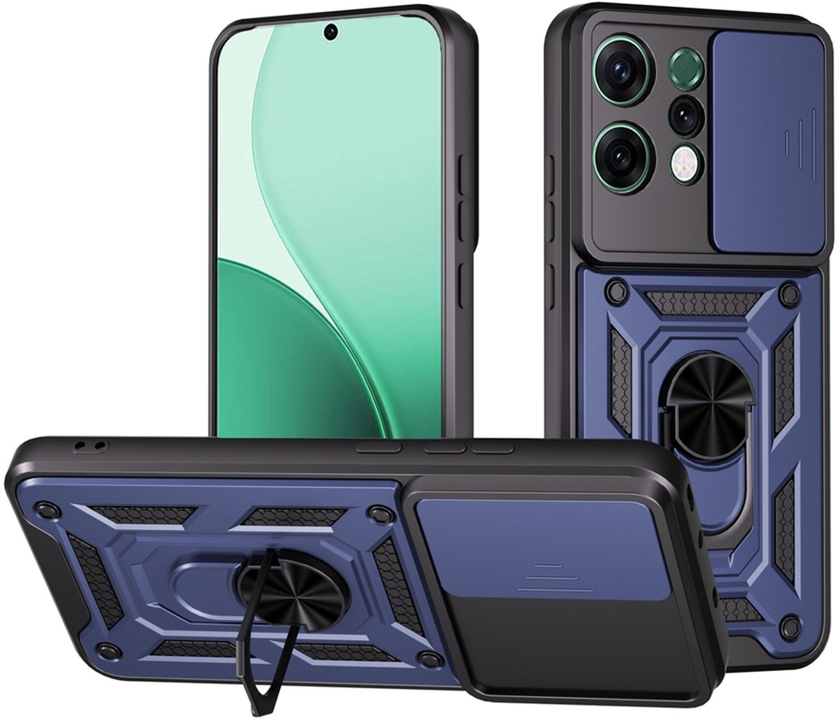 MobyDefend Hoesje - Geschikt voor Oppo Reno14 - Pantsercase Met Draaibare Ring - Blauw