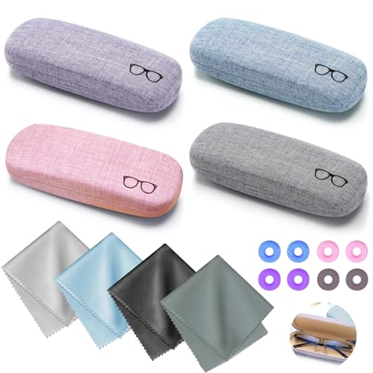 Harde Brillenkoker van Linnen - Draagbaar Met Microvezeldoek - 4 Stuks, Meerkleurig, Één Maat