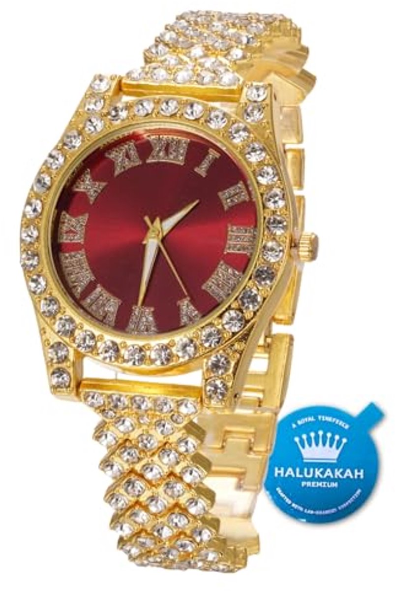 Gouden Iced Out Diamanten Horloge voor Kinderen - 18K Echt Goud, Platina Witgoud, 36 mm, Groen-Blauw-Rode Wijzerplaat, Quartz Polsband 20 cm met Cubaanse Link Ketting