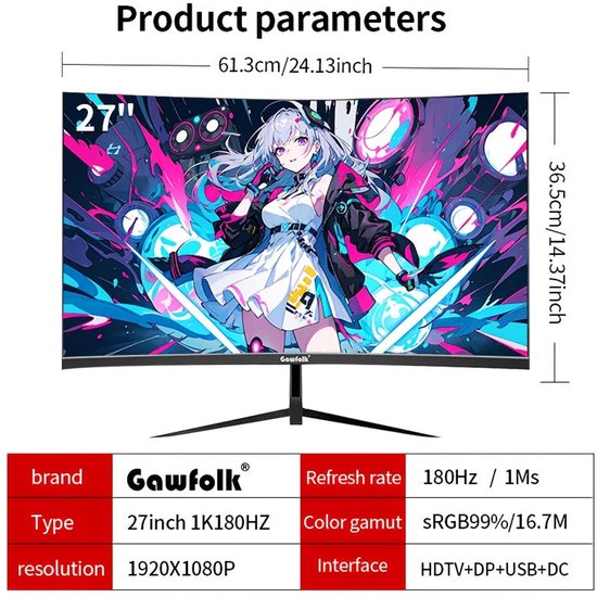 Gaming Monitor – Gaming Scherm – Curved Monitor – PC Monitor – 27 Inch – 180Hz Verversingssnelheid – 1500R Gebogen Design