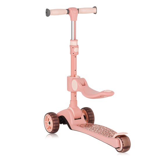 Roze kinderstep met zitje en LED-verlichte wielen. Het stepje heeft 3 wielen.