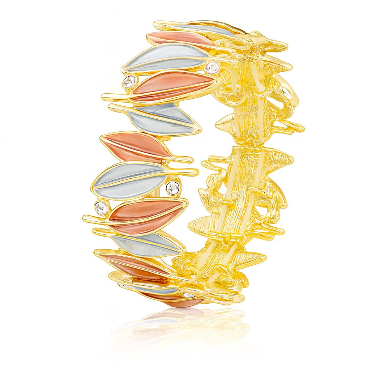 Gevlochten Elasticiteit Armband met Bladvormen in Rood, Blauw en Goud met Strass Steentjes
