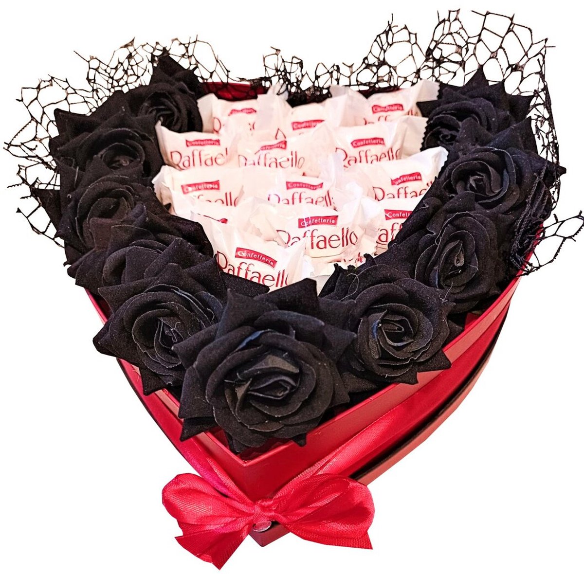 Chocolade Hart met rozen en Raffaello chocolade - 25 cm voor valentijn of moederdag