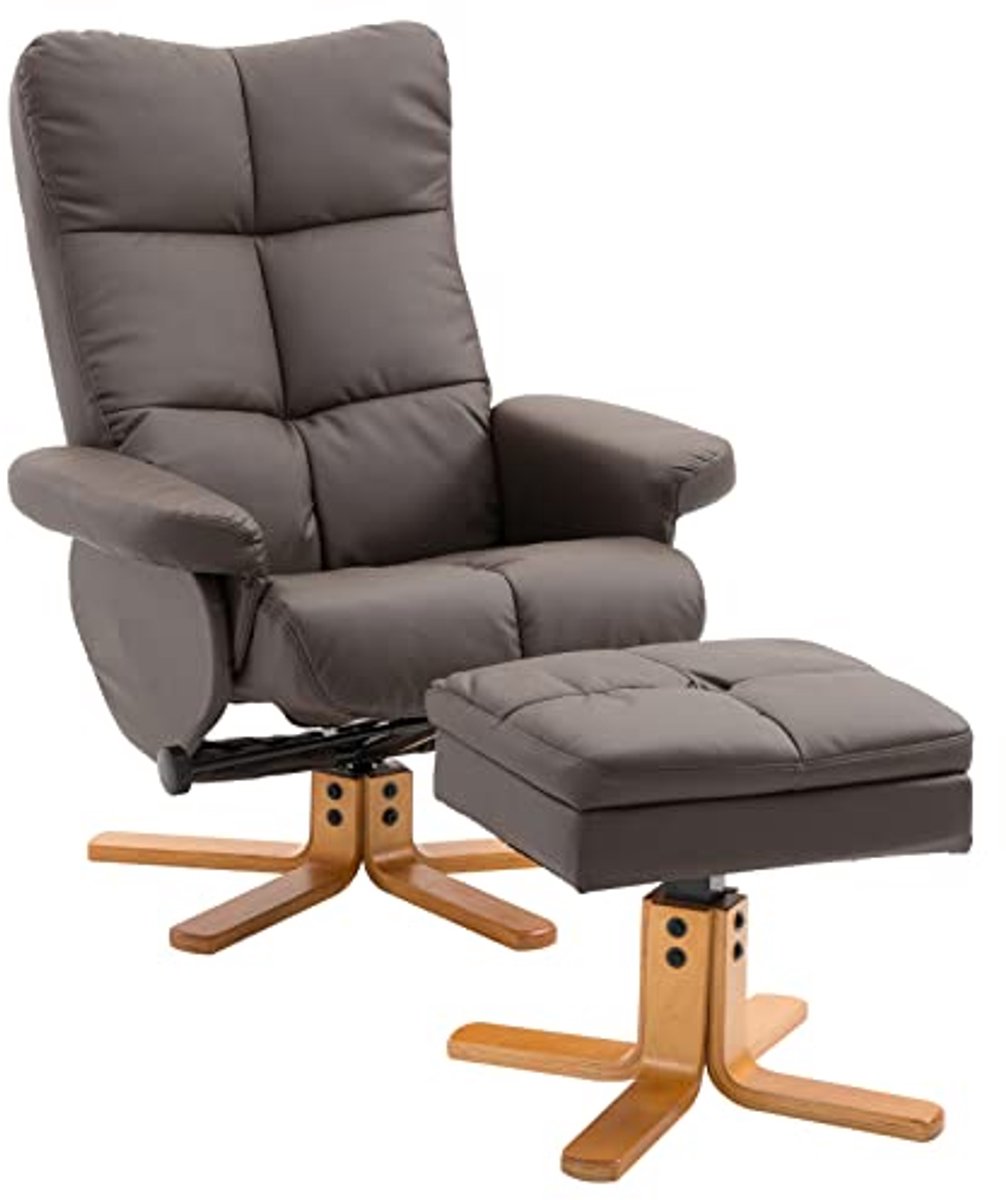 Relaxstoel met voetenbank en opbergruimte, draaibare stoel met ligfunctie, PU bekleding, bruin