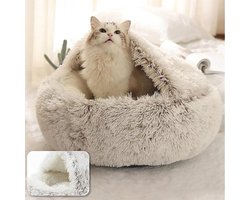 Kattenmand “Shell” Ø 60 cm – Extra Gevuld & Comfortabel – Luxe Pluche – Halfgesloten Ontwerp – Antislip Bodem – Gradiënt Bruin