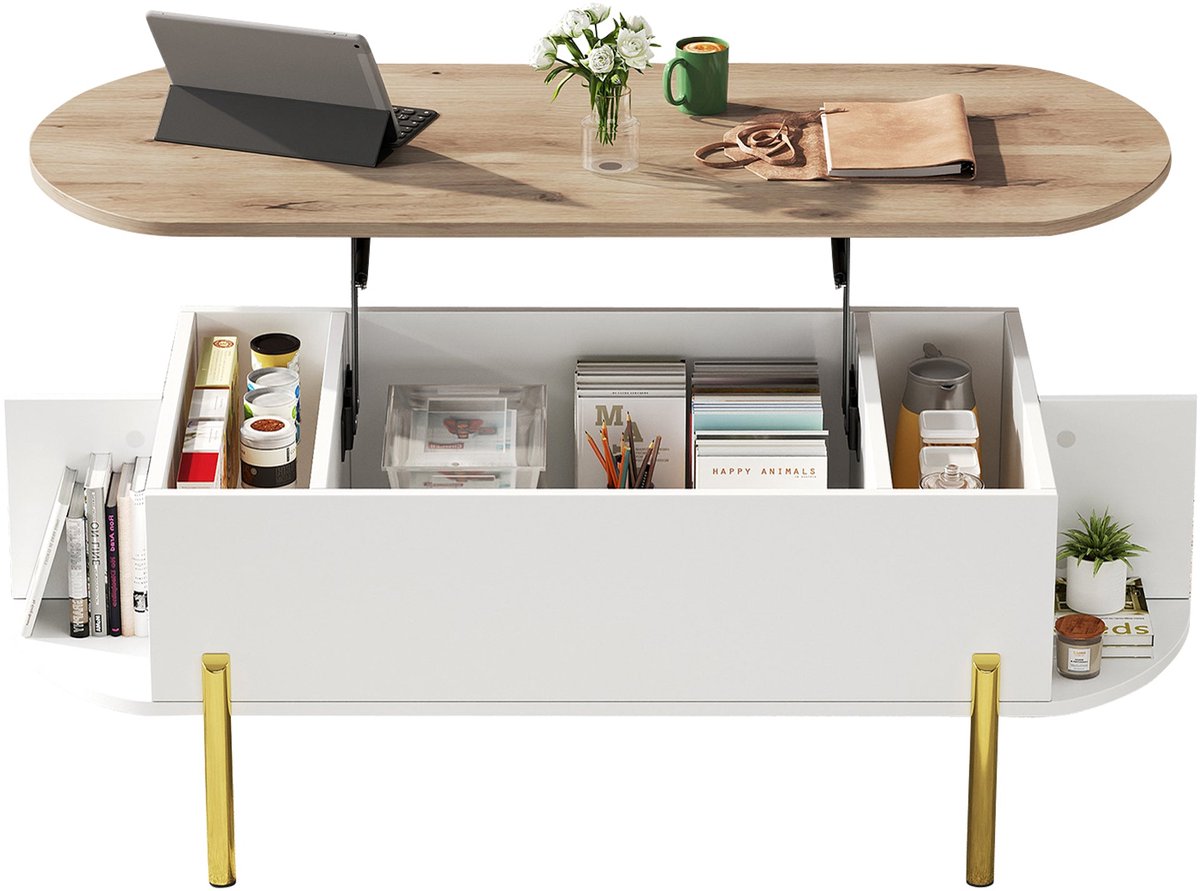 Merax Salontafel met Verstelbaar Blad - Koffietafel met Opbergruimte en Zijvakken - Houten en Witte Afwerking met Gouden Poten - 120×50×43 cm