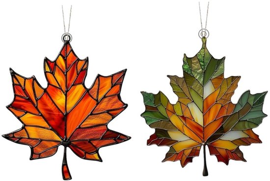 Glitter-esdoornblad-ornamenten met ophangkoord - Herfst Bladeren Decoratie - glas-in-loodraam als decoratie voor herfst en winter - Esdoorn Herfst Decor voor Halloween en Thanksgiving - Acryl Kunst Wanddecoratie - 2 Stuks