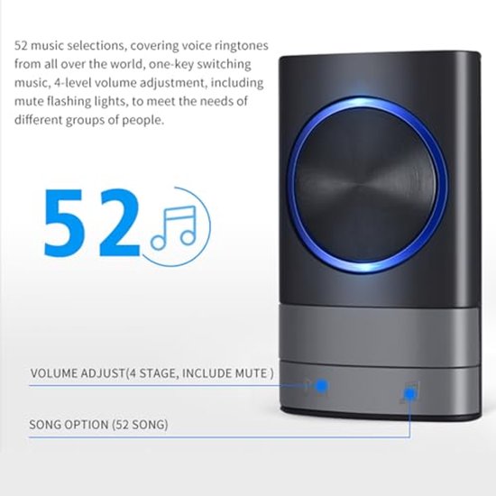 Zwarte deurbel met een blauw verlichte cirkel en een grijs element aan de onderkant. 52 muziekselecties.