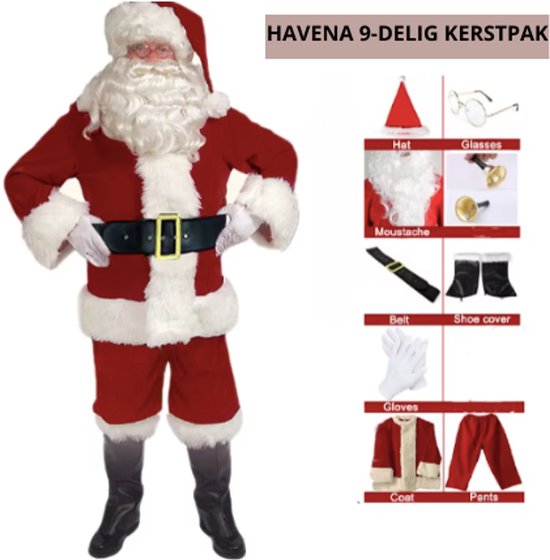 HAVENA 9-Delig Kerstpak – Luxe Kerstman Kostuum met Accessoires