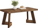 Bruine houten salontafel met verweerd oppervlak en V-vormige poten, gefotografeerd op een witte achtergrond.
