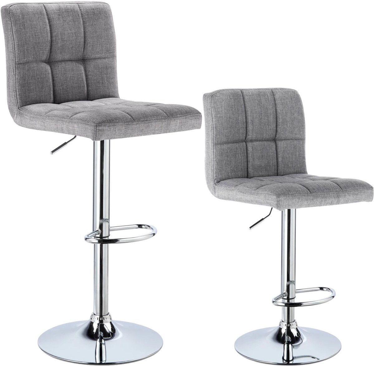 Set van 2 Linnen Barkrukken – In Hoogte Verstelbare Barstoelen met Rugleuning – Chroom Stalen Frame - Gewatteerde Zitting – Hoge Krukken voor Keuken, Bar, Bistro & Eetkamer - Stoelen Lichtgrijs