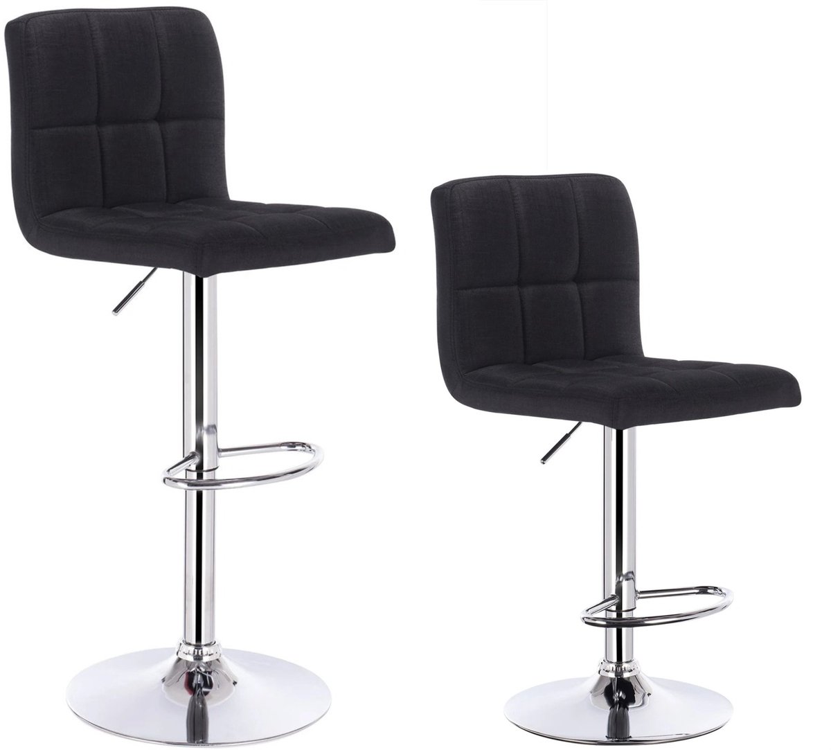 Set van 2 Linnen Barkrukken – In Hoogte Verstelbare Barstoelen met Rugleuning – Chroom Stalen Frame - Gewatteerde Zitting – Hoge Krukken voor Keuken, Bar, Bistro & Eetkamer - Stoelen Zwart