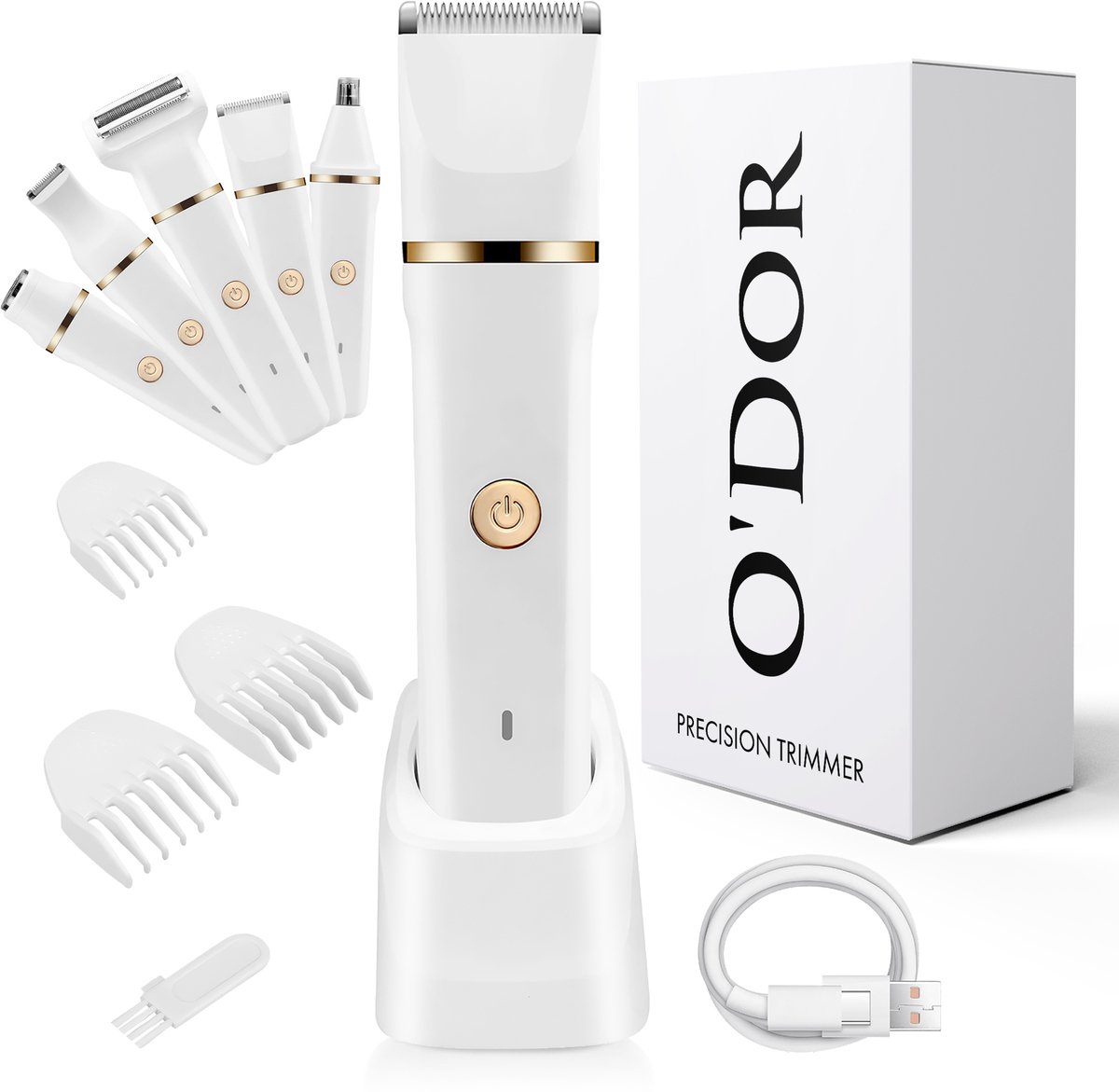 O'dor 8-in-1 Ladyshave en Trimmer – Scheerapparaat Vrouw voor Lichaam en Bikinilijn - Ladyshaves voor vrouwen - IPX7 Waterdicht - Neushaartrimmer - USB Oplaadstation - Wit