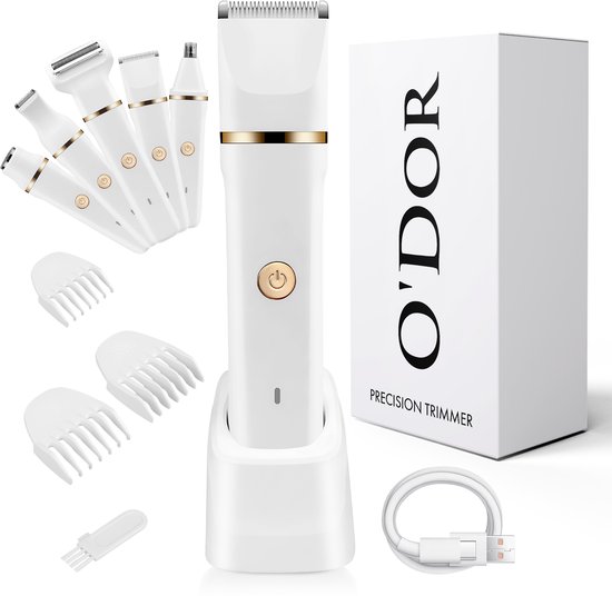 O’dor 5-in-1 Trimmer en Ladyshave – Scheerapparaat Vrouw voor Lichaam en Bikinilijn - IPX7 Waterdicht - Neushaartrimmer - USB Oplaadstation - Wit