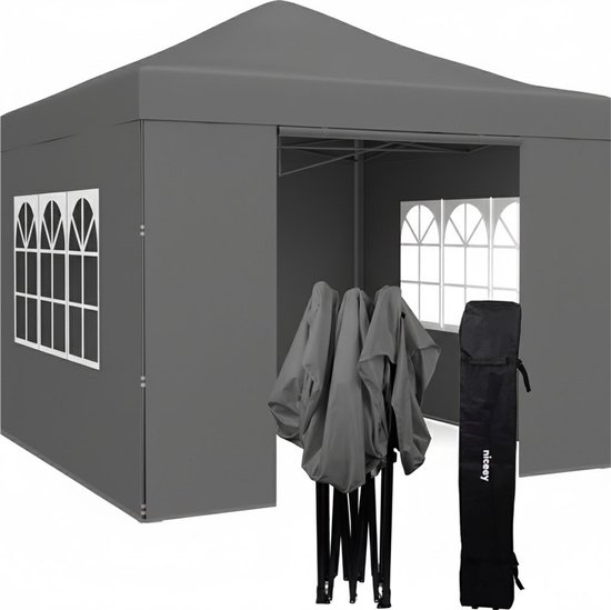 Tente de réception Niceey - 3 x 3 m - Pavillon - Pliable et étanche - Tente de réception avec parois latérales - Tente de jardin - Montage facile - Sac de transport à Roues - Anthracite