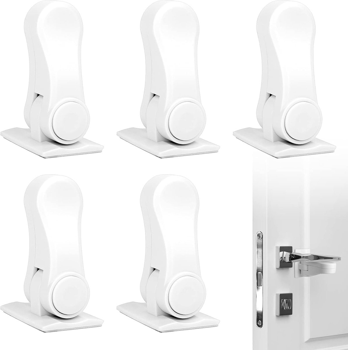 Image of 5 stuks baby veiligheid handvat slot deurslot zonder boren babydeur veiligheidssloten 3 M zelfklevende kindersloten beveiliging deursloten 180 graden draaideursloten voor kinderen huisdier (wit)