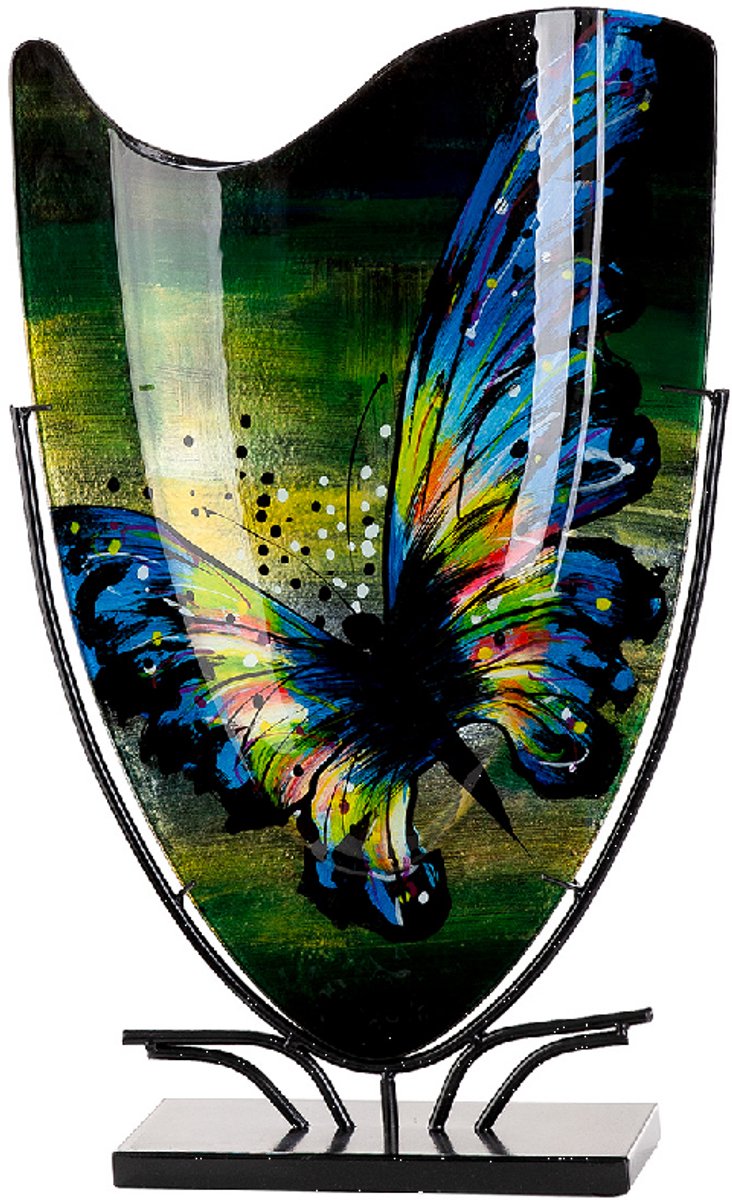 Decoratie vaas Vlinder - 10x35x57 cm - kleur groen blauw - glas en metaal - niet doorschijnend vaas in standaard