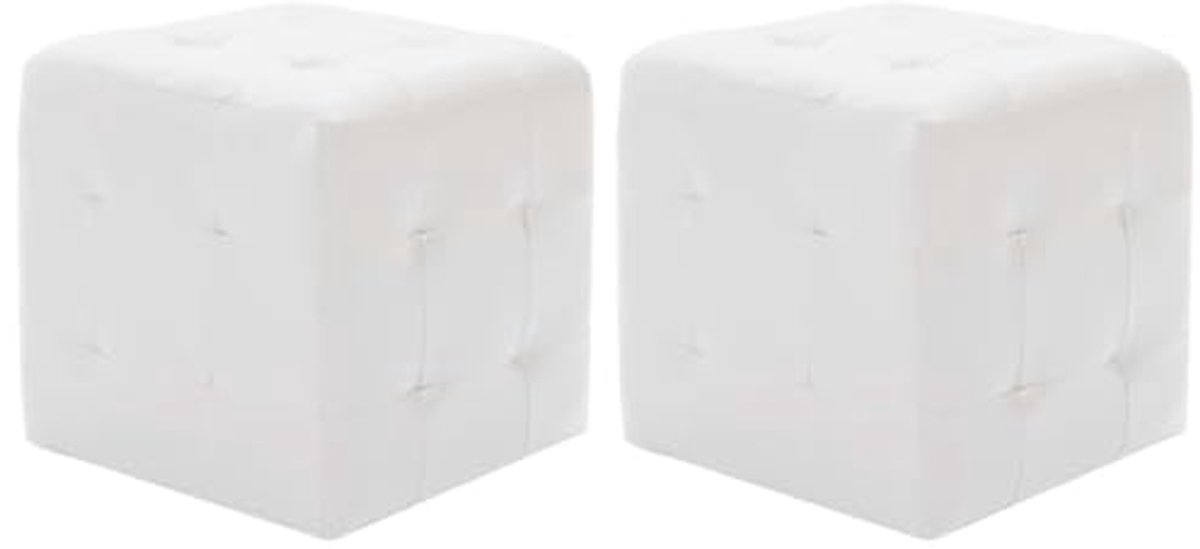 2x Trendy Poufs in Witte Kunstleder - Comfortabele Hocker en Voetensteunen
