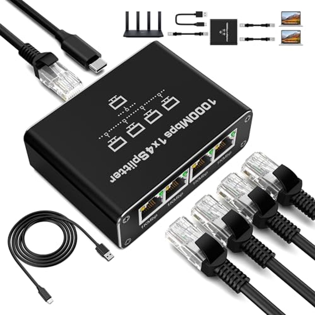 LAN-splitter 1 naar 4 - 1000 Mbps Ethernet Splitter met Gigabit RJ45 poorten