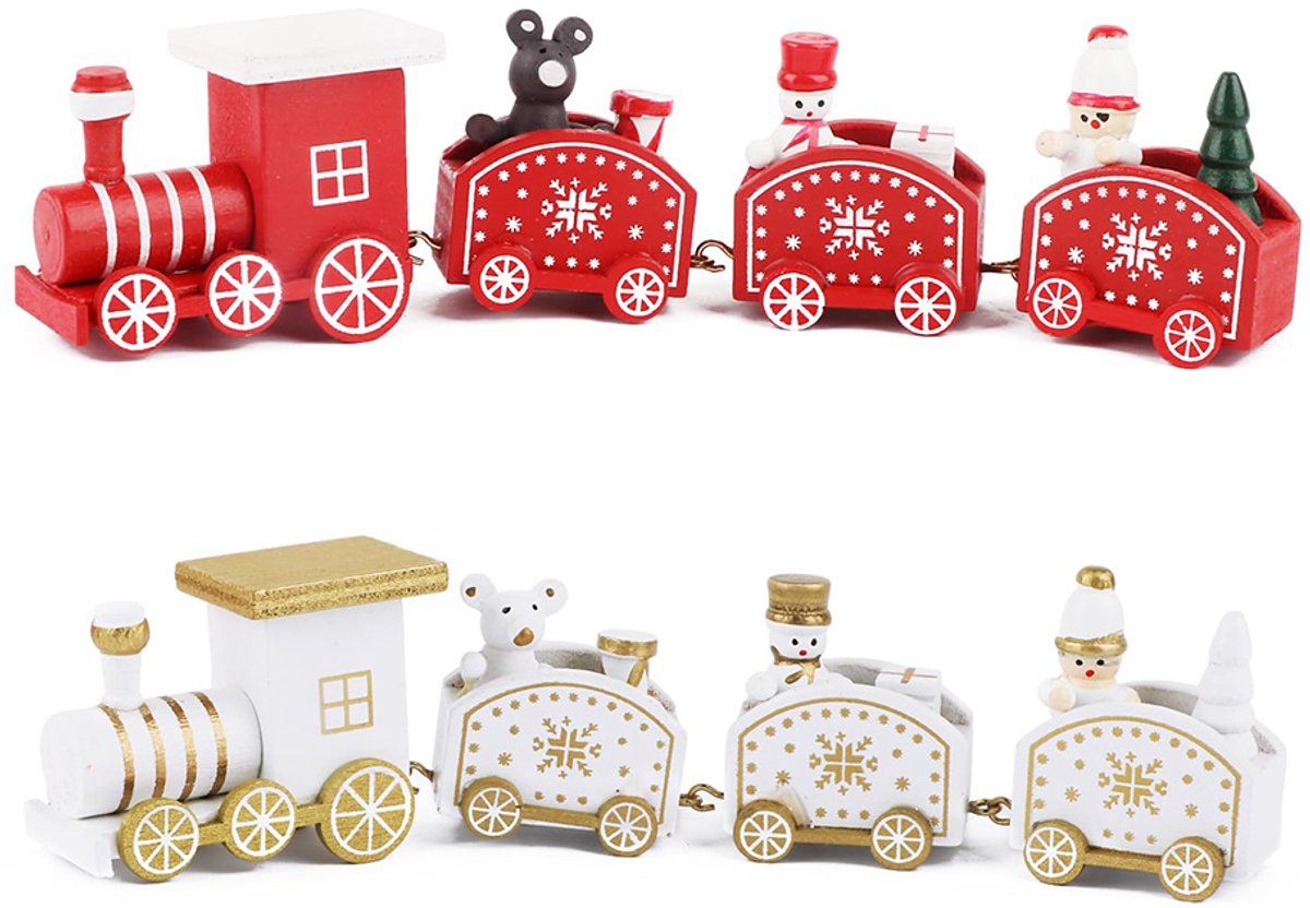 Houten-Mini-Kersttrein-Decoratie-4-Wagens-Wit-Rood
